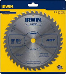 Irwin Blades - 8-1/4" Diam, 5/8" Arbor Hole Diam, 40 Tooth Wet & Dry Cut Saw Blade - Carbide-Tipped, Smooth Action, Diamond Arbor - Strong Tooling