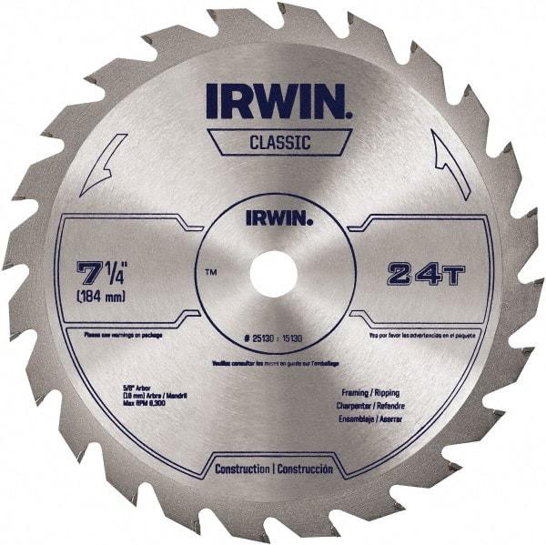 Irwin Blades - 7-1/4" Diam, 5/8" Arbor Hole Diam, 24 Tooth Wet & Dry Cut Saw Blade - Carbide-Tipped, Smooth Action, Diamond Arbor - Strong Tooling