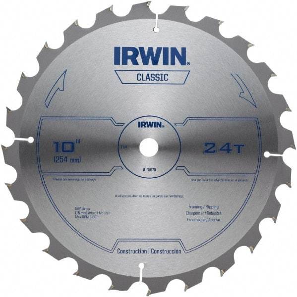 Irwin - 10" Diam, 5/8" Arbor Hole Diam, 24 Tooth Wet & Dry Cut Saw Blade - Carbide-Tipped, Smooth Action, Diamond Arbor - Strong Tooling