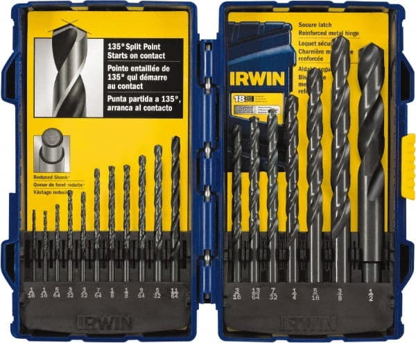 Irwin - 1/16 to 1/2", 135° Point, Oxide Finish, High Speed Steel Jobber Length Drill Bit Set - Strong Tooling