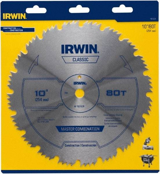 Irwin Blades - 10" Diam, 5/8" Arbor Hole Diam, 80 Tooth Wet & Dry Cut Saw Blade - High Carbon Steel, Smooth Action, Standard Round Arbor - Strong Tooling