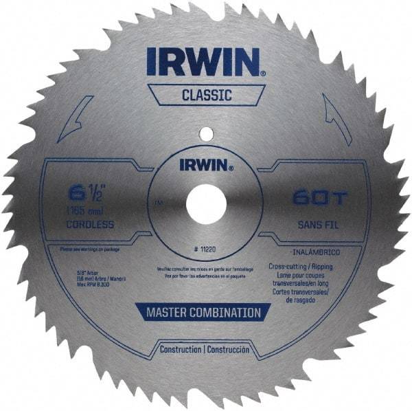 Irwin - 6-1/2" Diam, 5/8" Arbor Hole Diam, 60 Tooth Wet & Dry Cut Saw Blade - High Carbon Steel, Smooth Action, Standard Round Arbor - Strong Tooling