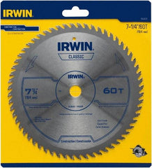 Irwin Blades - 7-1/4" Diam, 5/8" Arbor Hole Diam, 60 Tooth Wet & Dry Cut Saw Blade - Carbide-Tipped, Smooth Action, Diamond Arbor - Strong Tooling