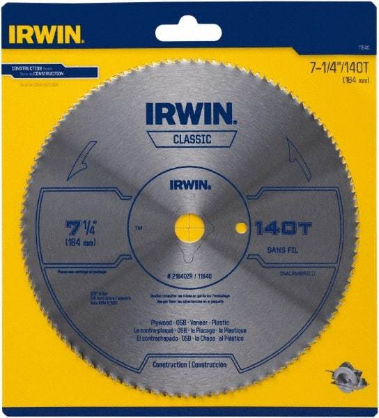 Irwin Blades - 7-1/4" Diam, 5/8" Arbor Hole Diam, 140 Tooth Wet & Dry Cut Saw Blade - High Carbon Steel, Smooth Action, Diamond Arbor - Strong Tooling