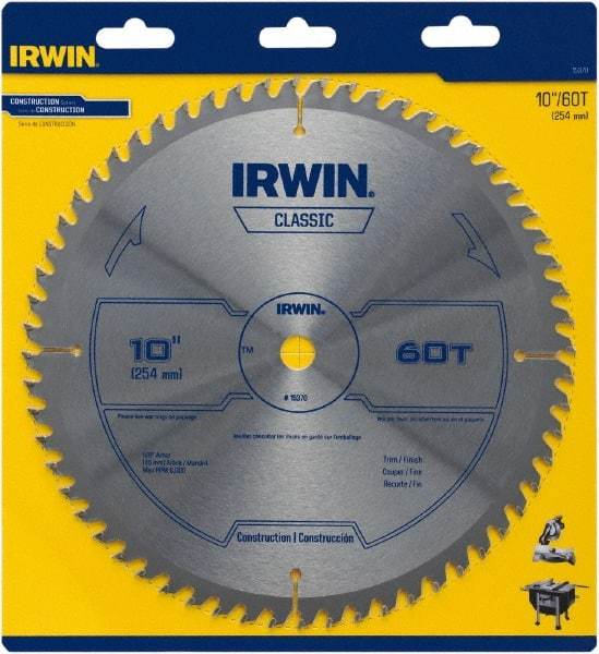 Irwin Blades - 10" Diam, 5/8" Arbor Hole Diam, 60 Tooth Wet & Dry Cut Saw Blade - Carbide-Tipped, Smooth Action, Standard Round Arbor - Strong Tooling