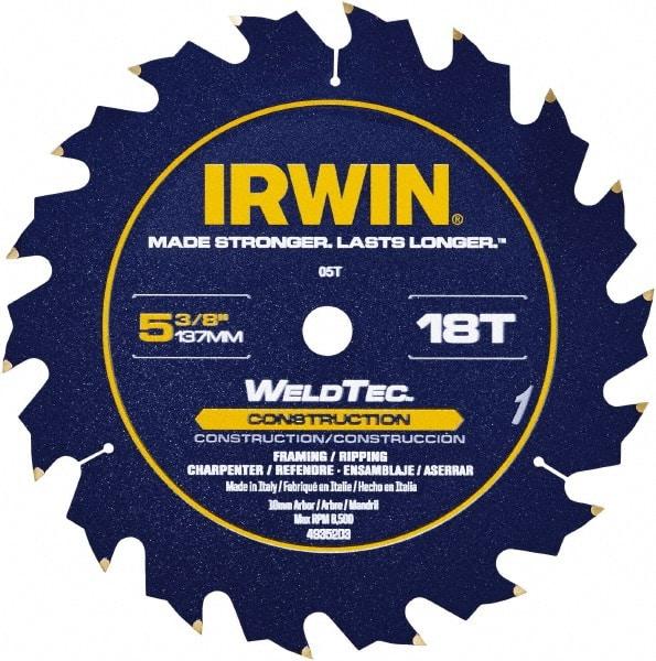 Irwin Blades - 5-3/8" Diam, 10mm Arbor Hole Diam, 18 Tooth Wet & Dry Cut Saw Blade - Carbide-Tipped, Straight Action, Standard Round Arbor - Strong Tooling