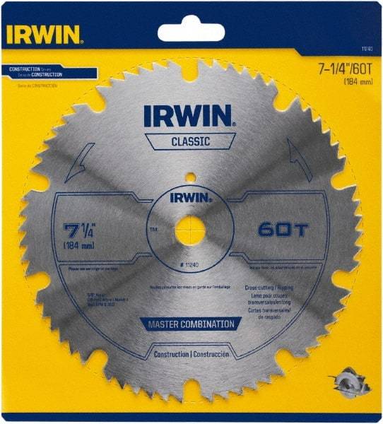 Irwin Blades - 7-1/4" Diam, 5/8" Arbor Hole Diam, 60 Tooth Wet & Dry Cut Saw Blade - High Carbon Steel, Smooth Action, Diamond Arbor - Strong Tooling