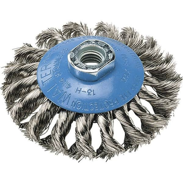 WALTER Surface Technologies - 5" Diam, 5/8-11 Threaded Arbor, Stainless Steel Fill Cup Brush - 0.02 Wire Diam, 15,000 Max RPM - Strong Tooling