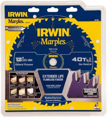 Irwin Blades - 12" Diam, 1" Arbor Hole Diam, 40 Tooth Wet & Dry Cut Saw Blade - Carbide-Tipped, Finishing Action, Standard Round Arbor - Strong Tooling