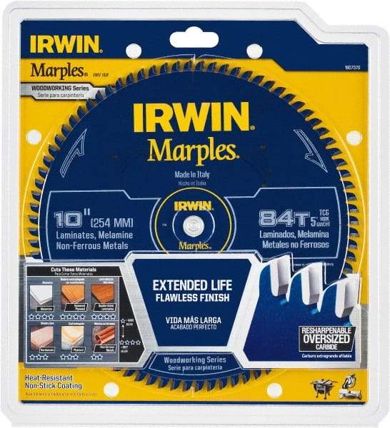 Irwin Blades - 10" Diam, 5/8" Arbor Hole Diam, 84 Tooth Wet & Dry Cut Saw Blade - Carbide-Tipped, Finishing Action, Standard Round Arbor - Strong Tooling