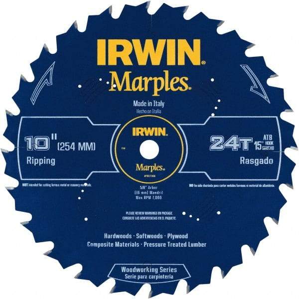 Irwin Blades - 10" Diam, 5/8" Arbor Hole Diam, 24 Tooth Wet & Dry Cut Saw Blade - Carbide-Tipped, Finishing Action, Standard Round Arbor - Strong Tooling