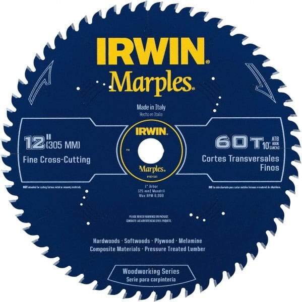 Irwin - 12" Diam, 1" Arbor Hole Diam, 60 Tooth Wet & Dry Cut Saw Blade - Carbide-Tipped, Finishing Action, Standard Round Arbor - Strong Tooling