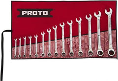 Proto - 14 Piece, 6mm to 19mm, Ratcheting Combination Wrench Set - Metric Measurement Standard, Full Polish Finish, Comes in Pouch - Strong Tooling