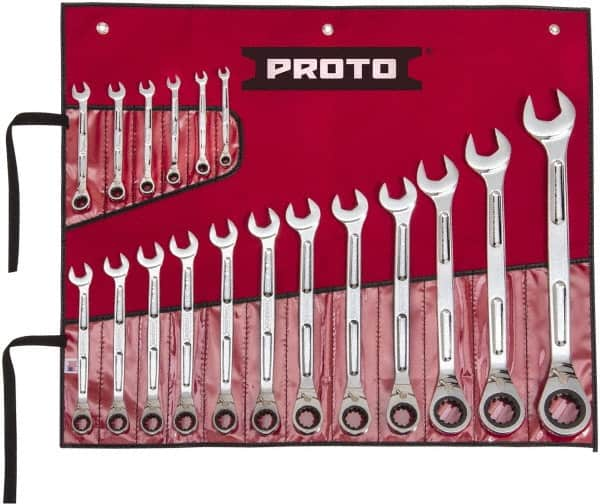 Proto - 18 Piece, 1/4" to 1-1/4", Ratcheting Combination Wrench Set - Inch Measurement Standard, Full Polish Finish, Comes in Pouch - Strong Tooling