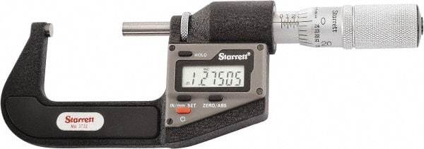 Starrett - 25.4 to 50.8 mm Range, 0.0001" Resolution, Standard Throat, Electronic Outside Micrometer - 0.0001" Accuracy, Friction Thimble, Micro Lapped Carbide Face, CR2450 Battery, Includes 3V Battery - Strong Tooling