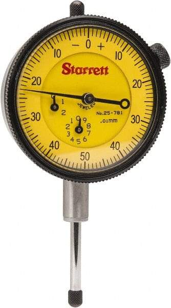 Starrett - 25mm Range, 0-50-0 Dial Reading, 0.01mm Graduation Dial Drop Indicator - 2-1/4" Dial, 1mm Range per Revolution - Strong Tooling