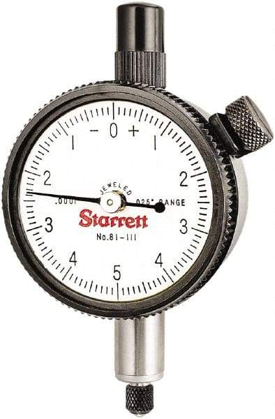 Starrett - 0.025" Range, 0-5-0 Dial Reading, 0.0001" Graduation Dial Drop Indicator - 1-11/16" Dial, 0.01" Range per Revolution - Strong Tooling