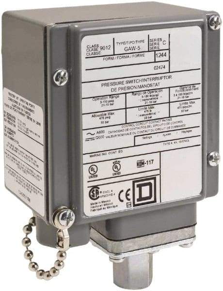 Square D - 4, 13 and 4X NEMA Rated, SPDT, 20 to 675 psi, Electromechanical Pressure and Level Switch - Adjustable Pressure, 120 VAC at 6 Amp, 240 VAC at 3 Amp, 250 VDC at 0.27 Amp, 1/4 Inch Connector, Screw Terminal, For Use with 9012G - Strong Tooling