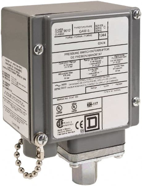 Square D - 4, 13 and 4X NEMA Rated, DPDT, 20 to 1,000 psi, Electromechanical Pressure and Level Switch - Exact Industrial Supply