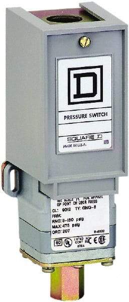 Square D - 1 NEMA Rated, SPDT, 3 to 150 psi, Electromechanical Pressure and Level Switch - Adjustable Pressure, 120 VAC at 6 Amp, 125 VDC at 0.22 Amp, 240 VAC at 3 Amp, 250 VDC at 0.27 Amp, 1/2 Inch Connector, Screw Terminal, For Use with 9012G - Strong Tooling