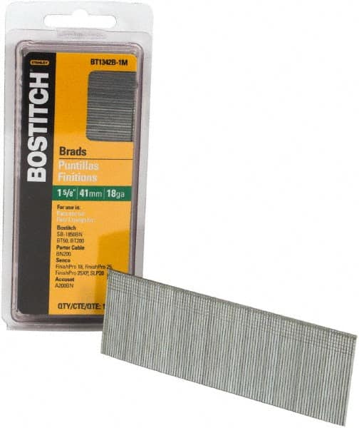 Stanley Bostitch - 18 Gauge 0.05" Shank Diam 1-5/8" Long Brad Nails for Power Nailers - Steel, Bright Finish, Ring Shank, Straight Stick Adhesive Collation, Brad Head, Chisel Point - Strong Tooling