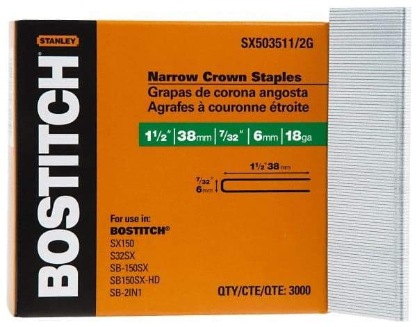 Stanley Bostitch - 1-1/2" Long x 7/32" Wide, 18 Gauge Crowned Construction Staple - Steel, Galvanized Finish - Strong Tooling