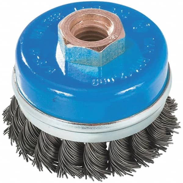 WALTER Surface Technologies - 3" Diam, 5/8-11 Threaded Arbor, Stainless Steel Fill Cup Brush - 0.02 Wire Diam, 12,000 Max RPM - Strong Tooling
