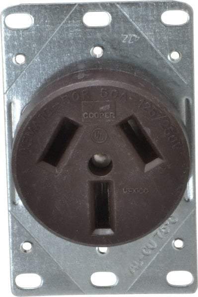 Cooper Wiring Devices - 125/250 VAC, 50 Amp, 10-50R NEMA Configuration, Brown, Specification Grade, Ungrounded Single Receptacle - 1 Phase, 3 Poles, 3 Wire, Flush Mount, Corrosion Resistant - Strong Tooling