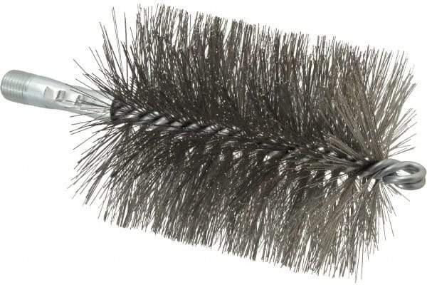 Schaefer Brush - 4-1/2" Brush Length, 3-1/2" Diam, Double Stem, Double Spiral Tube Brush - 7-1/4" Long, Stainless Steel, 1/4" NPSM Male Connection - Strong Tooling