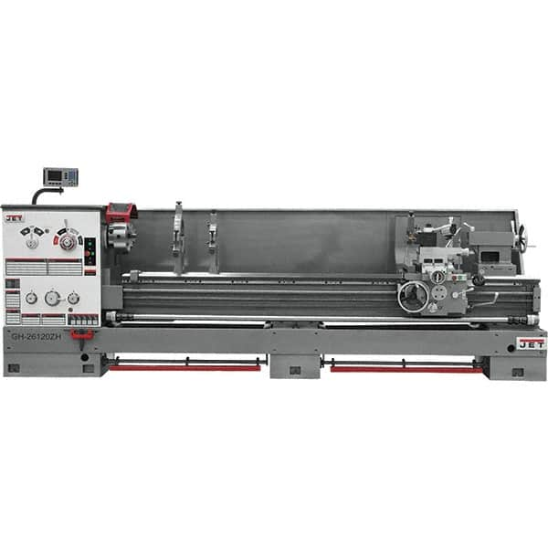 Jet - 26" Swing, 120" Between Centers, 230 Volt, Triple Phase Engine Lathe - 6MT Taper, 10 hp, 40 to 1,800 RPM, 4-1/8" Bore Diam, 43" Deep x 57" High x 177" Long - Strong Tooling