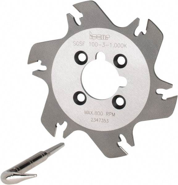 Iscar - Arbor Hole Connection, 3/32" Cutting Width, 1.04" Depth of Cut, 3.94" Cutter Diam, 1" Hole Diam, 6 Tooth Indexable Slotting Cutter - SGSF Toolholder, GSFN, GSFU Insert - Strong Tooling