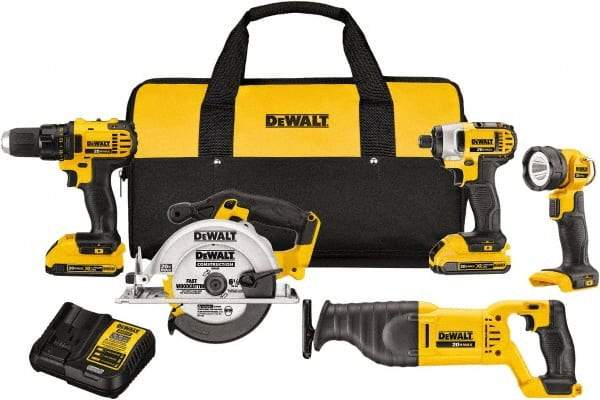 DeWALT - 20 Volt Cordless Tool Combination Kit - Includes 1/2" Compact Drill/Driver, 1/4" Impact Driver, Reciprocating Saw, 6-1/2 Circular Saw & LED Worklight, Lithium-Ion Battery Included - Strong Tooling