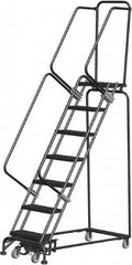 Ballymore - 103" 7 Step Rolling Warehouse Ladder - Lock Step Rolling Safety Ladder, 450 Lb Capacity, 70" Platform Height, 24" Base Width x 55" Base Depth, Perforated Tread - Strong Tooling