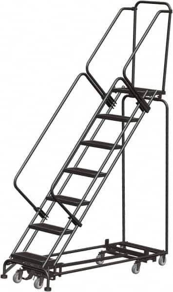 Ballymore - 103" 7 Step Rolling Warehouse Ladder - Lock Step Rolling Safety Ladder, 450 Lb Capacity, 70" Platform Height, 32" Base Width x 66" Base Depth, Perforated Tread - Strong Tooling