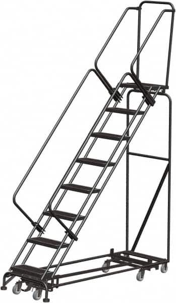 Ballymore - 113" 8 Step Rolling Warehouse Ladder - Lock Step Rolling Safety Ladder, 450 Lb Capacity, 80" Platform Height, 32" Base Width x 74" Base Depth, Perforated Tread - Strong Tooling