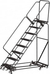 Ballymore - 113" 8 Step Rolling Warehouse Ladder - Lock Step Rolling Safety Ladder, 450 Lb Capacity, 80" Platform Height, 24" Base Width x 74" Base Depth, Perforated Tread - Strong Tooling