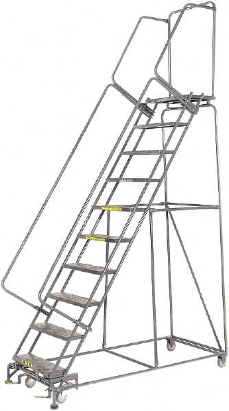 Ballymore - 133" 10 Step Rolling Warehouse Ladder - Lock Step Rolling Safety Ladder, 450 Lb Capacity, 100" Platform Height, 32" Base Width x 74" Base Depth, Perforated Tread - Strong Tooling