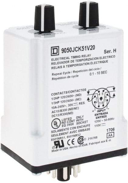 Square D - DPDT Time Delay Relay - 10 Contact Amp, 110 VDC & 120 VAC - Strong Tooling