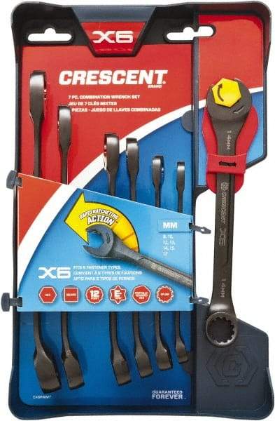 Crescent - 7 Piece, 8mm to 17mm, 12 Point Ratcheting Combination Wrench Set - Metric Measurement Standard, Black Finish, Comes in Caddy - Strong Tooling