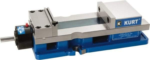 Kurt - 6" Jaw Width, 9" Jaw Opening Capacity, Horizontal Stationary Machine Vise - Reverse Hydraulic Operation, 1 Station, 20.553" Long x 4.86" High x 1-47/64" Deep, 1.735" Jaw Height, 5,250 Lb Max Clamp Force, Ductile Iron - Strong Tooling