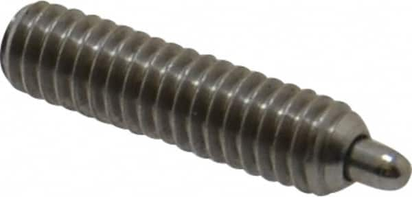 Vlier - 8-32, 5/8" Thread Length, 3/32" Plunger Projection, Stainless Steel Threaded Spring Plunger - 0.069 - 0.07" Max Plunger Diam, 5/8" Plunger Length, 2.7 Lb Init End Force, 7.3 Lb Final End Force, 0.063" Hex - Strong Tooling