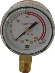 Miller-Smith - 1/4 Inch NPT, 30 Max psi, Steel Case Cylinder Pressure Gauge - 2 Inch Dial Diameter, Acetylene Only - Exact Industrial Supply