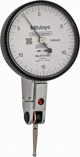 Mitutoyo - 0.03 Inch Range, 0.0005 Inch Dial Graduation, Horizontal Dial Test Indicator - 1.5748 Inch White Dial, 0-15-0 Dial Reading, Accurate to 0.0005 Inch - Strong Tooling