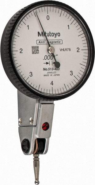 Mitutoyo - 0.008 Inch Range, 0.0001 Inch Dial Graduation, Horizontal Dial Test Indicator - 1.5748 Inch White Dial, 0-4-0 Dial Reading, Accurate to 0.0001 Inch - Strong Tooling