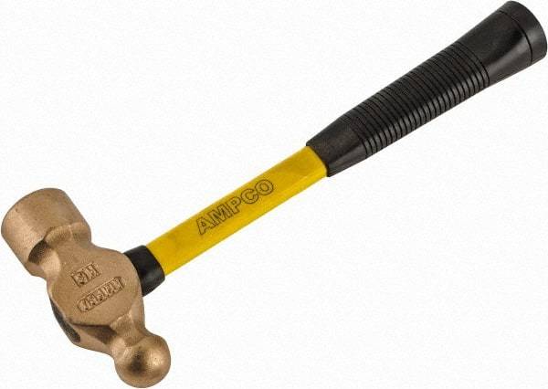 Ampco - 2-3/4 Lb Head Aluminum Bronze Ball Pein Hammer - 14" Fiberglass Handle with Grip, 1-13/16" Face Diam, 14" OAL - Strong Tooling