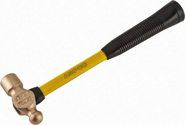 Ampco - 1 Lb Head Aluminum Bronze Ball Pein Hammer - 14" Fiberglass Handle with Grip, 1-5/16" Face Diam, 14" OAL - Strong Tooling