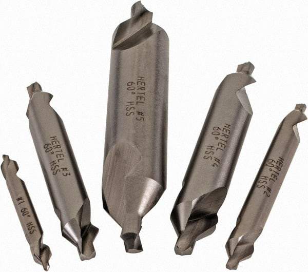 Hertel - #1 to 5, 1/8 to 7/16" Body Diam, 1/8" Point Diam, Plain Edge, High Speed Steel Combo Drill & Countersink Set - 0.0469 to 0.1875" Point Length, 1/8 to 2-3/4" OAL, Double End, Hertel Series Compatibility - Strong Tooling