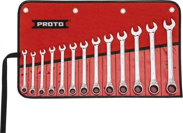 Proto - 13 Piece, 7mm to 19mm, 12 Point Reversible Ratcheting Combination Wrench Set - Metric Measurement Standard, Full Polish Chrome Finish, Comes in Tool Roll - Strong Tooling