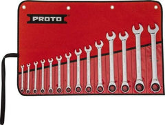 Proto - 14 Piece, 1/4" to 1", 12 Point Ratcheting Combination Wrench Set - Inch Measurement Standard, Full Polish Chrome Finish, Comes in Tool Roll - Strong Tooling