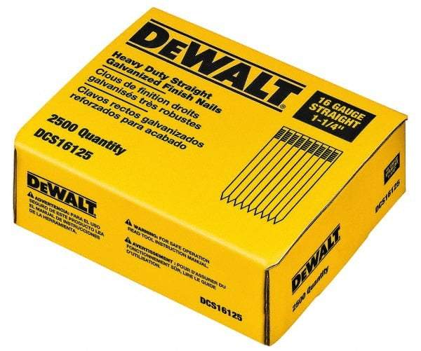 DeWALT - 16 Gauge 1-1/4" Long Finishing Nails for Power Nailers - Grade 2 Steel, Galvanized Finish, Straight Stick Collation - Strong Tooling